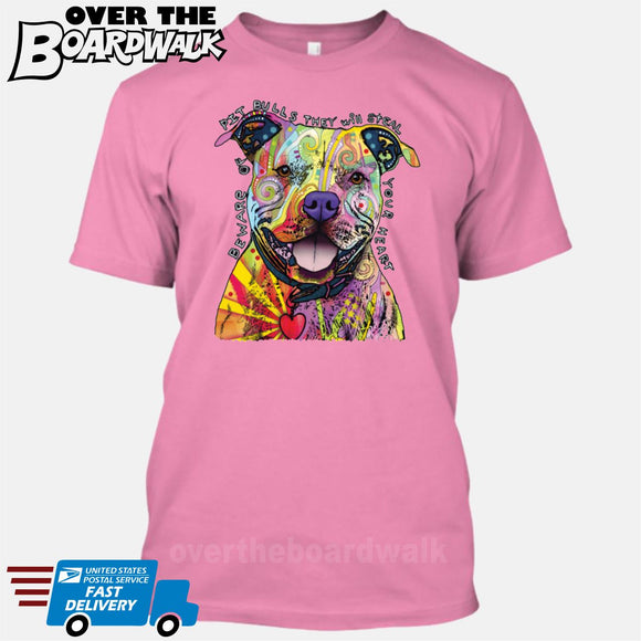 Beware of Pit bulls They Will Steal Your Heart - DEAN RUSSO LICENSED [T-shirt/Tank Top]-T-Shirt-Pink-Small-Over The Boardwalk Shirts