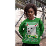 Woman Yelling at Cat Eating Lettuce MEME | Ugly Christmas Sweater [Unisex Crewneck Sweatshirt]