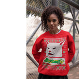 Woman Yelling at Cat Eating Lettuce MEME | Ugly Christmas Sweater [Unisex Crewneck Sweatshirt]