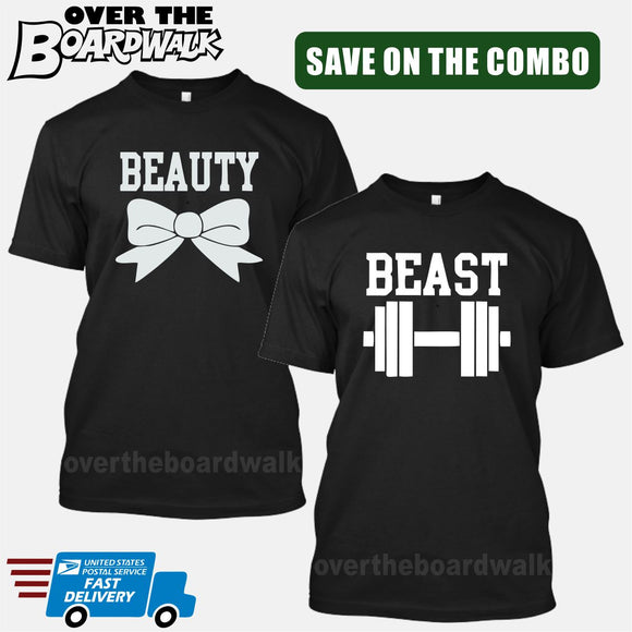 Beauty and Beast COMBO - Matching His and Her Couples Love Relationship [T-shirts]-T-Shirts-Black-Him (Small) - Her (Small)-Over The Boardwalk Shirts