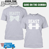 Beauty and Beast COMBO - Matching His and Her Couples Love Relationship [T-shirts]-T-Shirts-Heather Grey-Him (Small) - Her (Small)-Over The Boardwalk Shirts