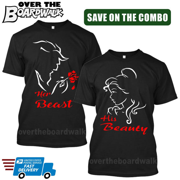 His Beauty / Her Beast COMBO - Matching His and Her Couples Love Relationship [T-shirts] Beauty and the Beast-T-Shirts-Black-Him (Small) - Her (Small)-Over The Boardwalk Shirts