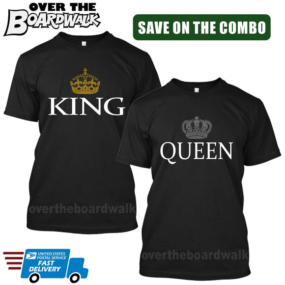 KING & QUEEN - Matching His and Her Couples Love Relationship [T-shirts] Crown Graphic-T-Shirts-Black-Him (Small) - Her (Small)-Over The Boardwalk Shirts