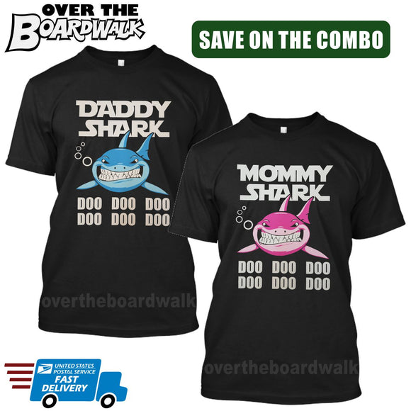 MOMMY SHARK DADDY SHARK DOO DOO DOO - Matching His and Her Couples Love Family [T-shirts]-T-Shirts-Black-Him (Small) - Her (Small)-Over The Boardwalk Shirts