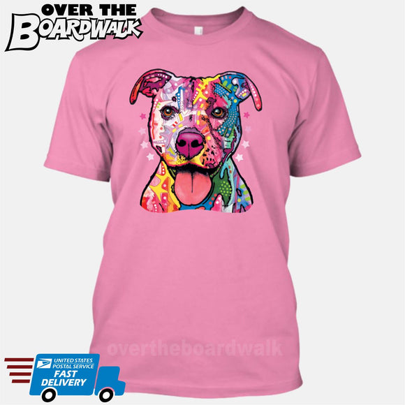 Pit bull Art (Colorful with stars) - DEAN RUSSO LICENSED [T-shirt/Tank Top]-T-Shirt-Pink-Small-Over The Boardwalk Shirts