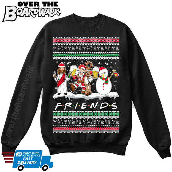 Drunk Friends Logo Parody | Santa,Jesus,Snowman,Reindeer | Ugly Christmas Sweater [Unisex Crewneck Sweatshirt]-Over The Boardwalk Shirts