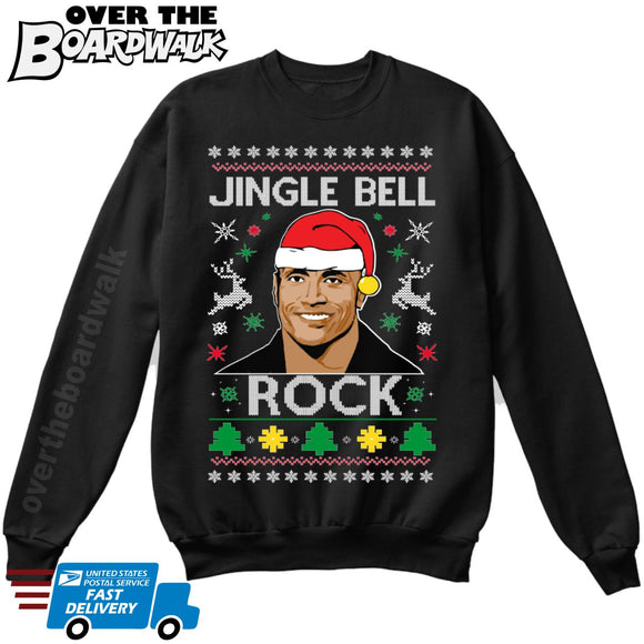 Jingle Bell Rock | The Rock Santa Hat | Ugly Christmas Sweater [Unisex Crewneck Sweatshirt]-Over The Boardwalk Shirts